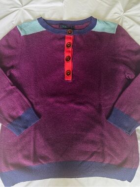 Women’s Boden Purple Crewneck Sweater with Aqua Shoulder and Coral Placket